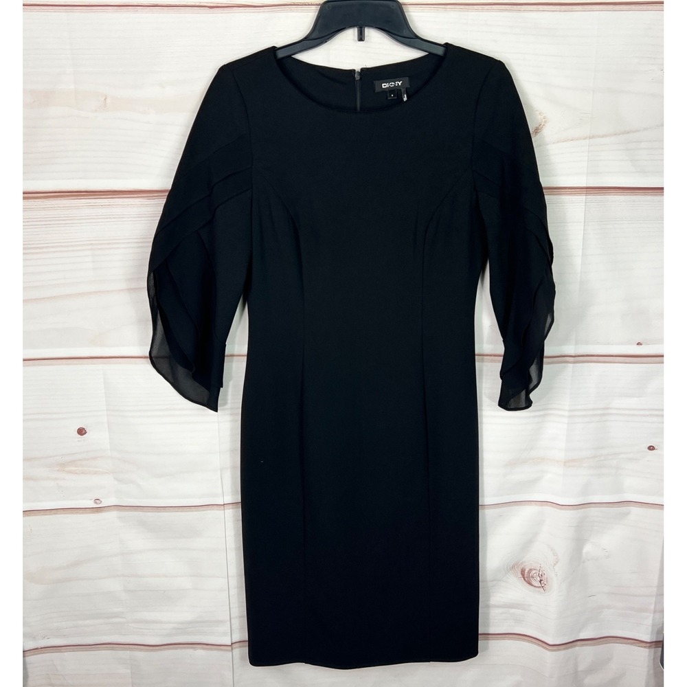 DKNY‎ Dress Womens Size 6 Black Sheath Tulip Sleeve Stretch Round Neck Zipper